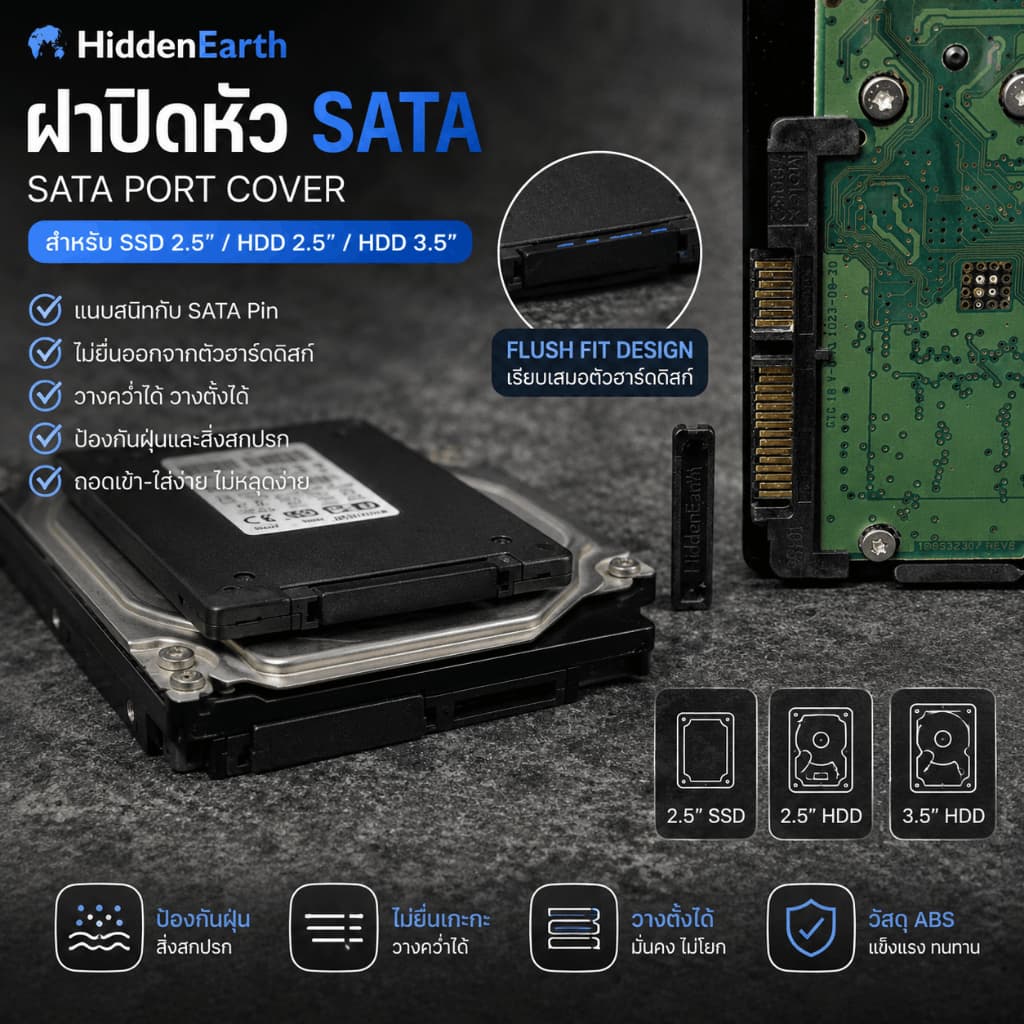 ฝาปิดหัว SATA SSD HDD 2.5 3.5 ป้องกันฝุ่น SATA Port Cover Dust Cap แบบ Flush Fit วางคว่ำได้ 3D Print